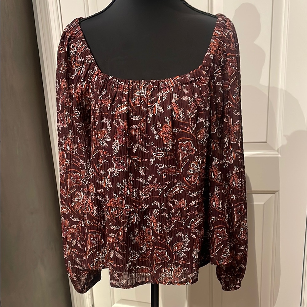NWT LOFT Red Smocked Blouse with Romantic Sleeves (C)